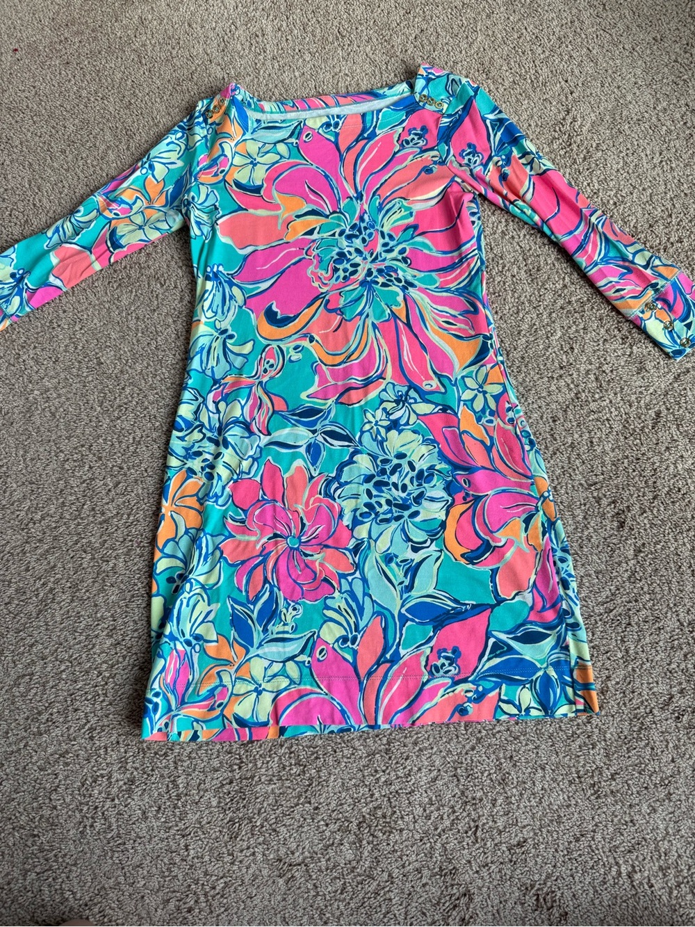 Lilly Pulitzer Girls Floral Knit Dress | XS | Pink Blue Tropical Print